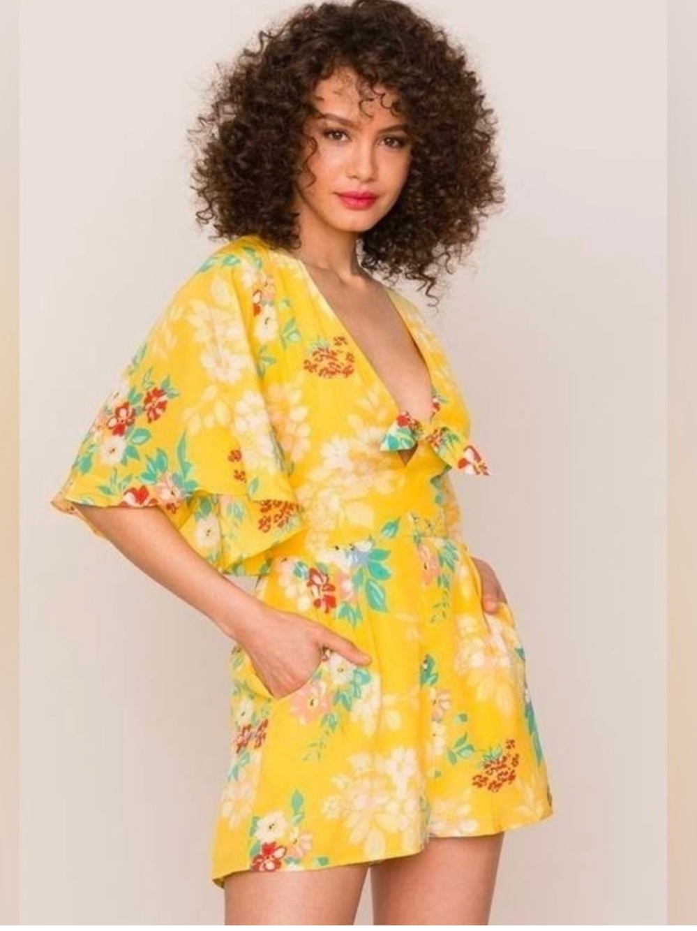 Yumi Kim silk Yellow Floral Tie-Front Mini Romper. S